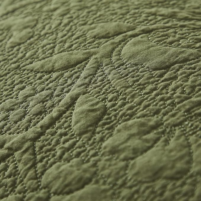 Brandream Olive Green Floral Vine Cotton Quilt Set King Size Luxury Scalloped - Image 6