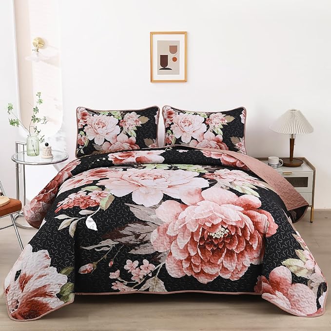 WONGS BEDDING Black Quilt Set King, Elegant Botanical Printed Bedspreads 3 by WONGSBEDDING