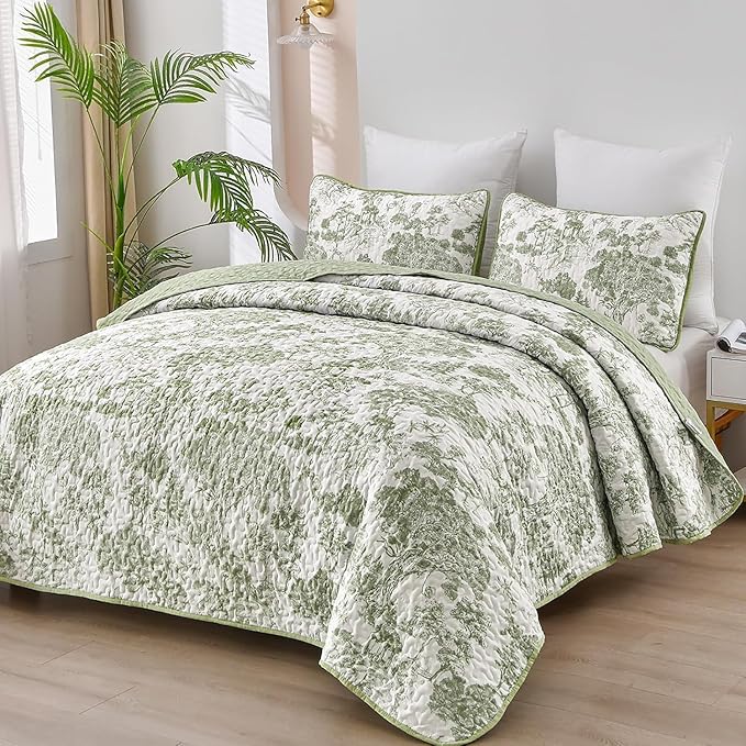 WONGS BEDDING Botanical Quilt Set California King Size, Sage Green 3 Pieces - Image 2