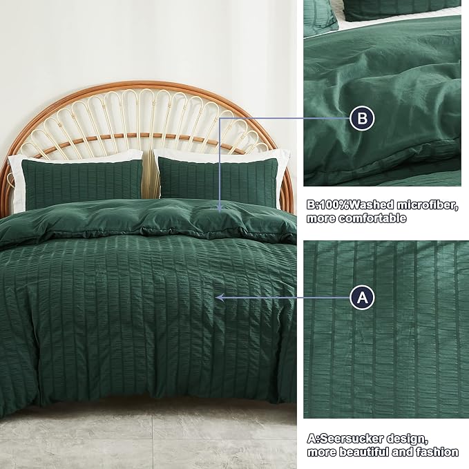 AveLom Dark Green Seersucker Duvet Cover Set King Size, 3 Pieces, Ultra Soft - Image 7