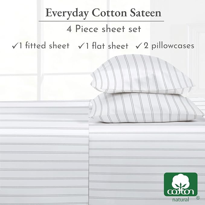 California Design Den Stripe Sheets Queen Size, 100% Cotton Sateen Printed - Image 6