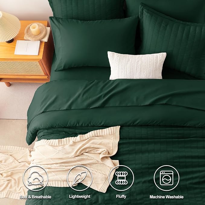 CozyLux Oversized Queen Comforter Set Emerald Green Seersucker 7 Pieces 98x98 - Image 2