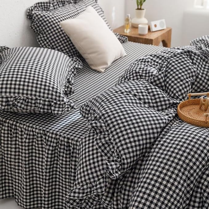 MKXI Black and White Gingham Duvet Cover King, 3-Piece Ruffled Bedding Set - Image 2