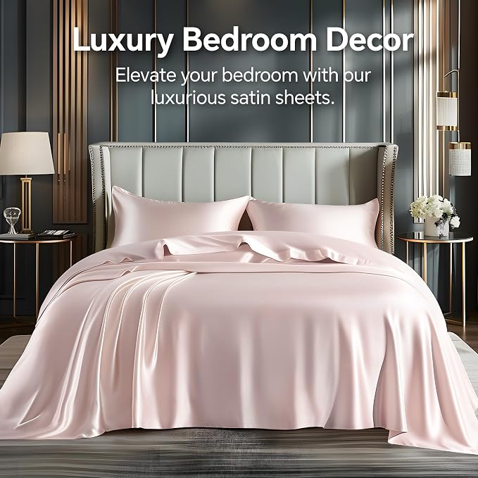 BEDELITE Satin Sheets Twin Size Bed Set, Luxury Soft Pink Silky Sheets - Image 2