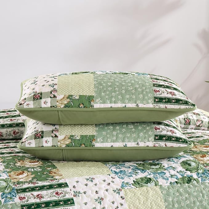 Anibedding Patchwork Quilt Set King Size Sage Green Floral Bedspread Coverlet - Image 9