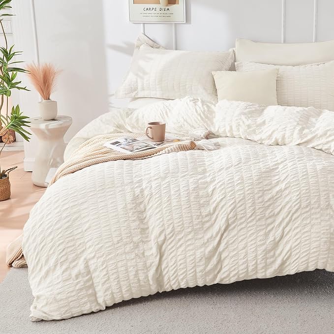 HYMOKEGE Ivory King Size Comforter Set Seersucker 7 Pieces, All Season Luxury - Image 2