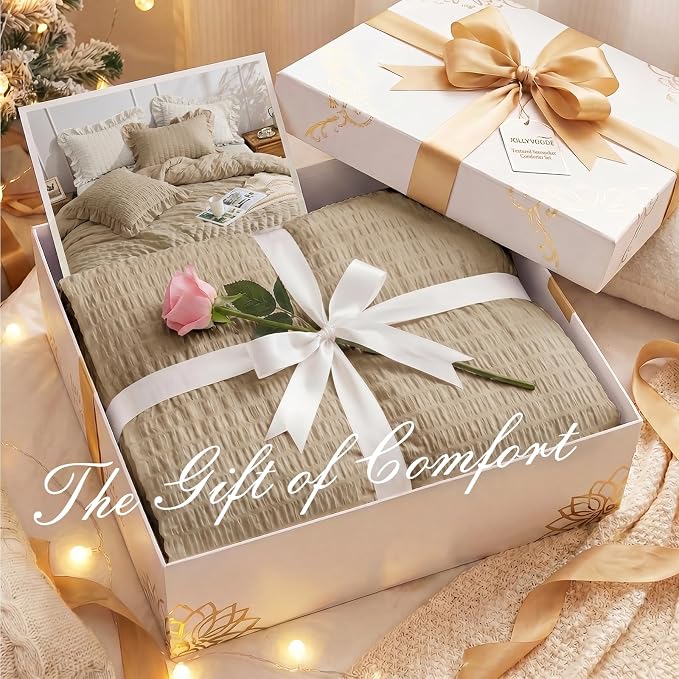 JOLLYVOGUE King Size Comforter Set, 3 Pieces Khaki Seersucker Comforters King - Image 9
