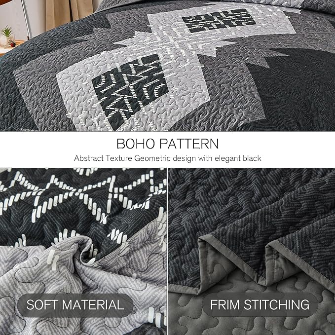 Dintszyayue Boho Quilt Set King Size 3 Pieces Black Grey Aztec Texture - Image 4