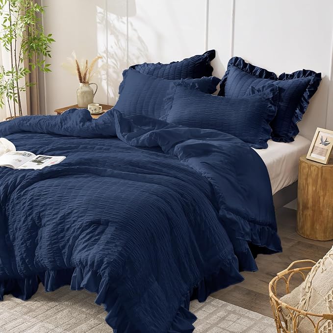 JOLLYVOGUE Navy Blue Queen Comforter Set, 3 Pieces Seersucker Comforters Queen - Image 2