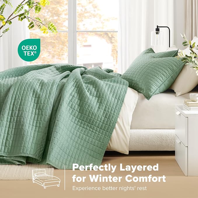 Comfort Spaces Sage Green Oversized Queen Quilt Set 102"x118" Bedspread Quilted - Image 3