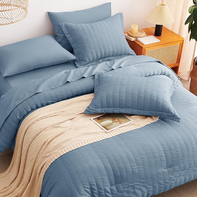 CozyLux King Size Comforter Set Grayish Blue Seersucker 7 Pieces Bed in a Bag - Image 6