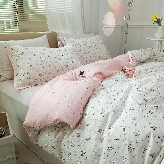 mixinni Cotton Floral Duvet Cover Twin Girl Pink Flower Teenage Girls Duvet - Image 3