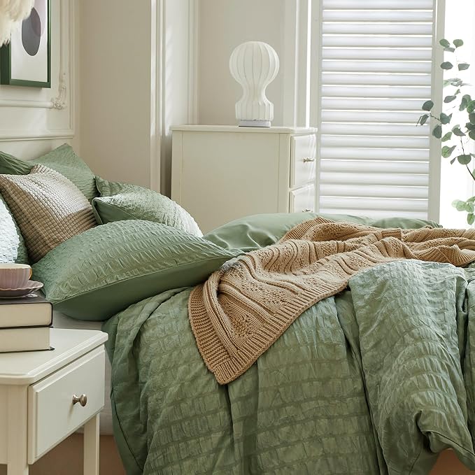 JELLYMONI Dark Green Duvet Cover Queen Size, Soft Breathable Seersucker Duvet - Image 7