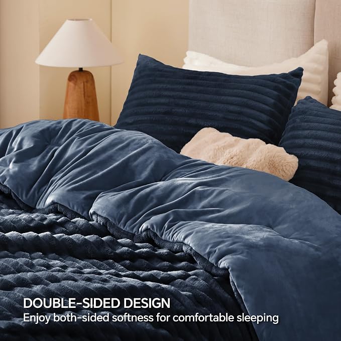 BEDELITE Fleece California King Comforter Set -Super Soft & Warm Fluffy Navy - Image 5