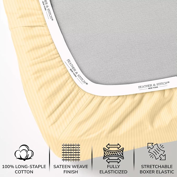 Feather & Stitch 1 Piece Fitted Sheet King Size, 100% Cotton Damask Sateen Weave - Image 2