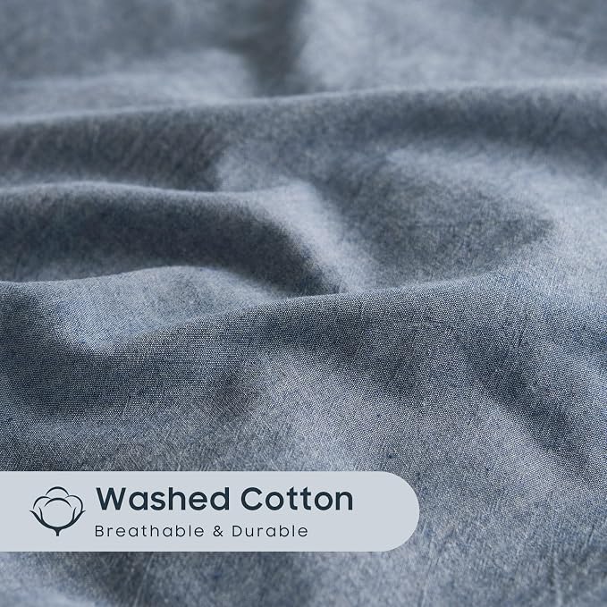Wake In Cloud - Cotton Duvet Cover Set, King Size, Chambray Denim Blue - Image 6