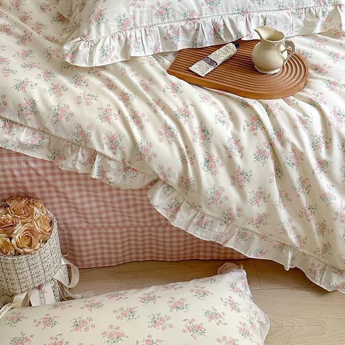 mixinni Pink Floral Duvet Cover Set Queen Size - Image 4