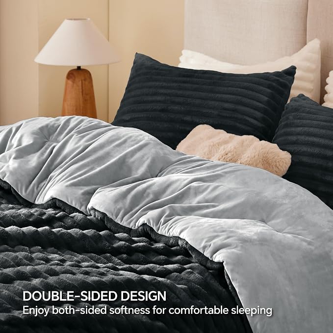 BEDELITE Fleece Oversized Queen Comforter Set -Super Soft & Warm Fluffy Black - Image 5