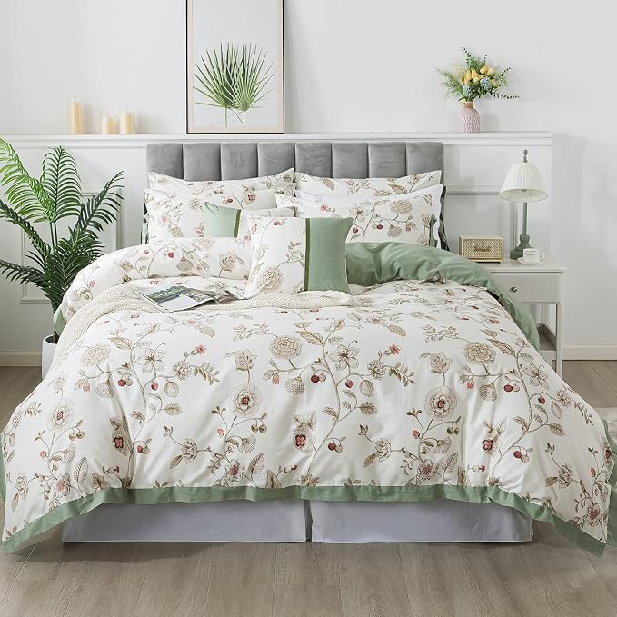 FADFAY Floral Bedding Set Full 100% Cotton Shabby and Chic Beige Green - Image 9