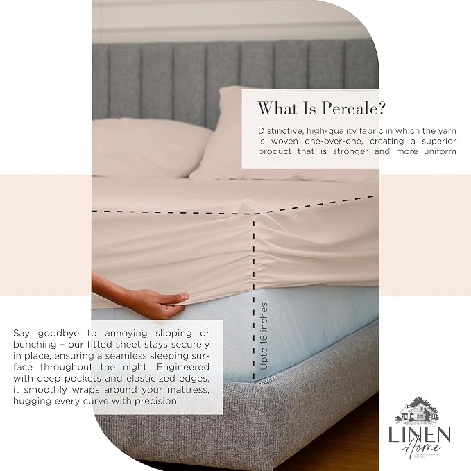 Linen Home 100% Cotton Percale Sheets King Size, Sand Shell, Deep Pocket - Image 4