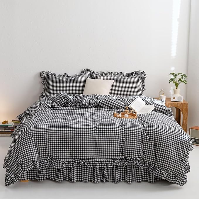 MKXI Black and White Gingham Duvet Cover Twin XL, 3-Piece Ruffled Bedding Set - Image 5