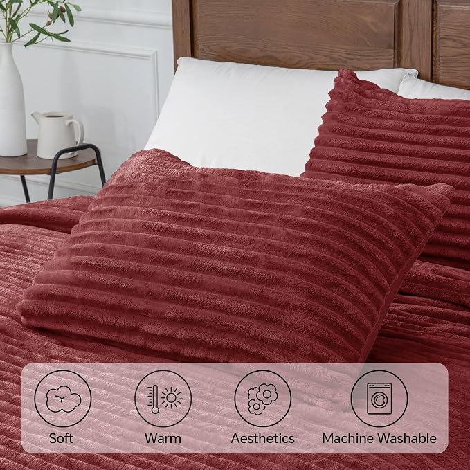 BEDELITE Fleece King Comforter Set -Super Soft & Warm Fluffy Burgundy Bedding - Image 5