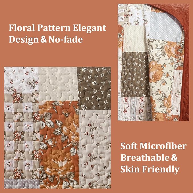 Patchwork Quilts Set King Size 3 Pieces Terracotta Plaid Bedspread Coverlet Set - Image 4