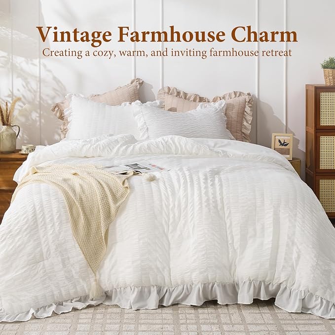 JOLLYVOGUE White Comforters Queen Size, 3 Pieces Ruffle Seersucker Queen - Image 2