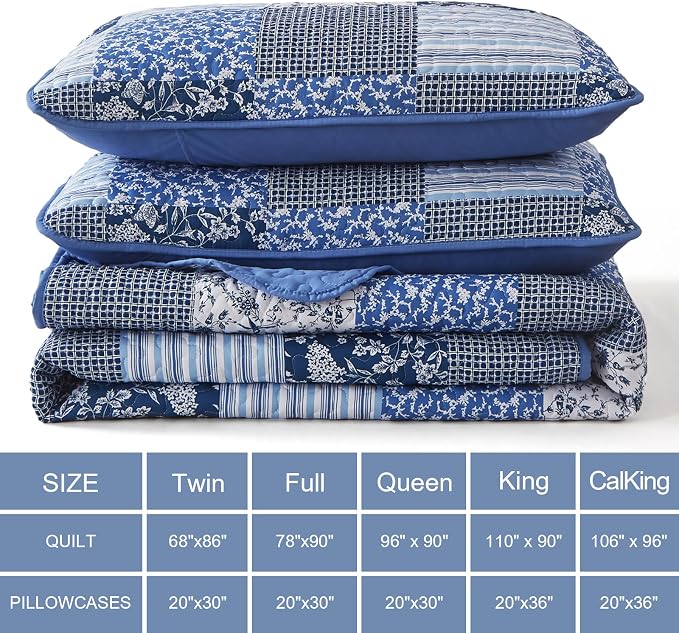 Mybedsoul Blue Quilt Set Full Size, 3 Pieces Plaid Floral Bedspread Set - Image 6