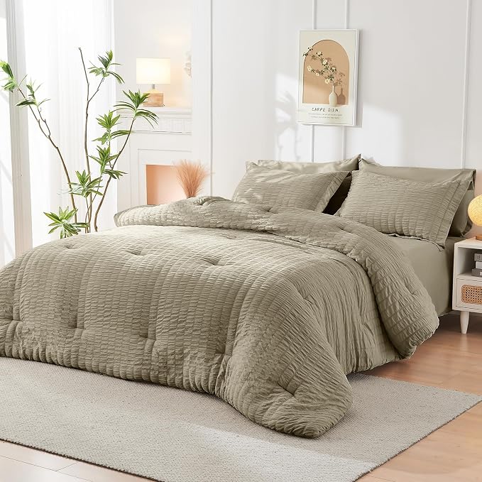 HYMOKEGE Linen California King Comforter Set Seersucker 7 Pieces, All Season - Image 8
