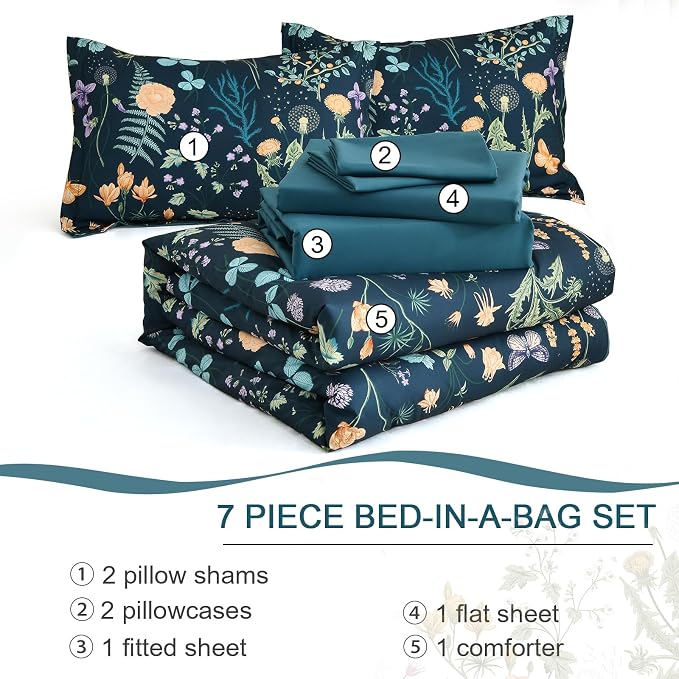 Yiran King Size Comforter Set 7 Pieces, Peacock Blue Botanical Floral Winter - Image 7