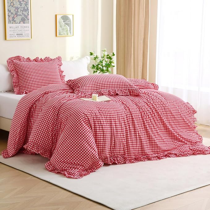 Silnuo Red/White Checkered Ruffle 3-Piece Duvet Cover Set Full Size, Washed by Silnuo