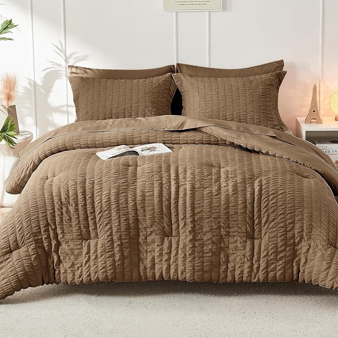 HYMOKEGE Brown Full Size Comforter Sets Seersucker 7 Pieces, All Season Luxury - Image 9