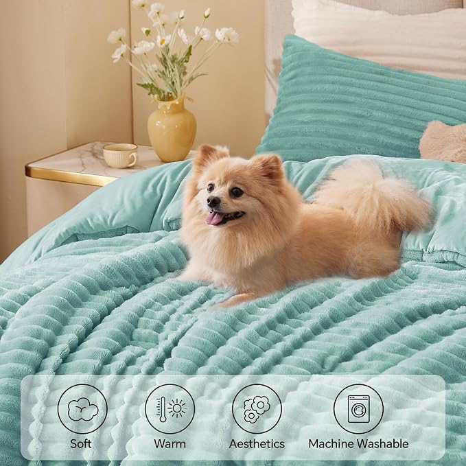 BEDELITE Fleece King Comforter Set -Super Soft & Warm Fluffy Haze Blue Bedding - Image 3
