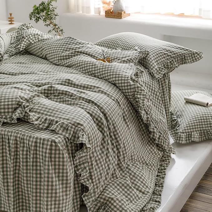 mixinni Green Gingham Ruffle Duvet Cover Full Size 3 Pieces – 100% Washed Cotton - Image 5