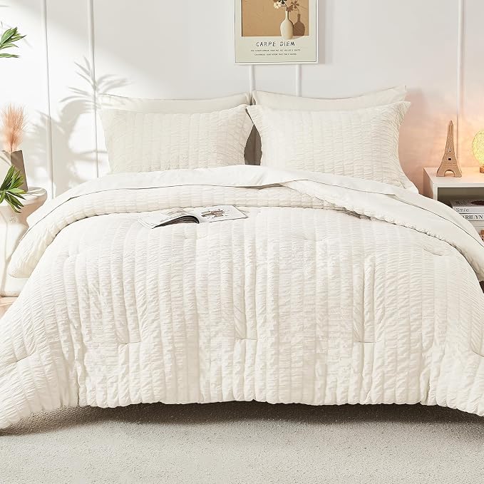 HYMOKEGE Ivory California King Comforter Set Seersucker 7 Pieces, All Season - Image 9