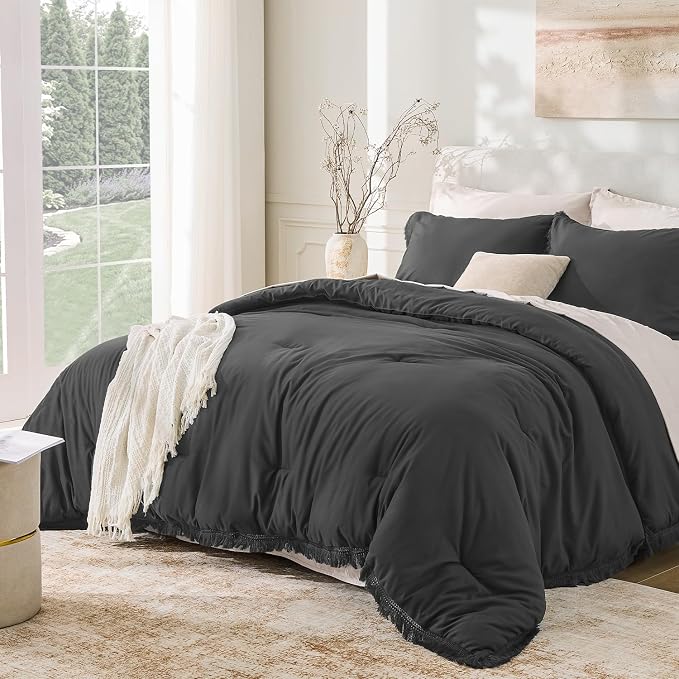 Andency Comforter Oversized King Dark Grey 120x98, 3 Pieces Boho Winter by Andency