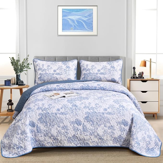 WONGS BEDDING Blue Quilt Set Queen Size, 3 Pieces Botanical Bedspreads Set - Image 2
