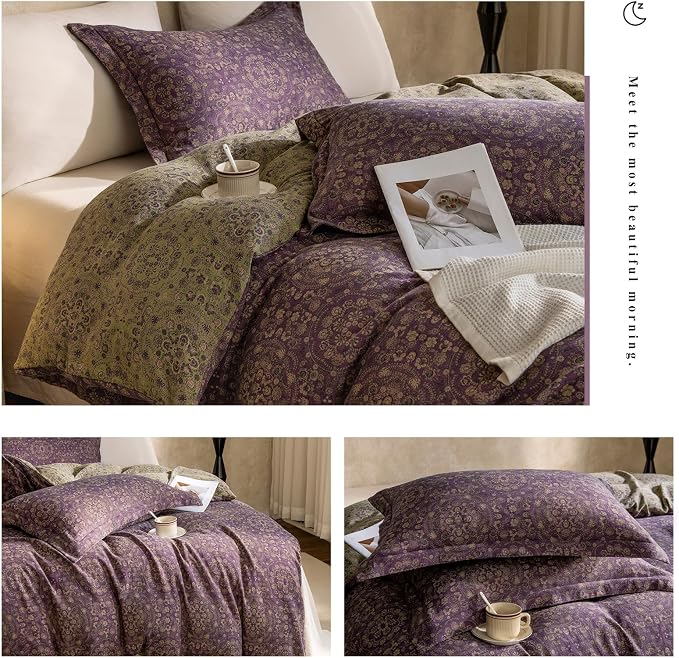 mixinni Purple Green Floral Duvet Cover Queen Size, Elegant Double-Layer Yarn - Image 7