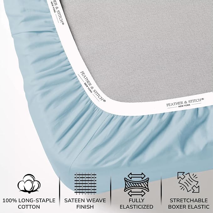 Feather & Stitch 1 Piece Fitted Sheet Queen Size, 100% Cotton Damask Sateen - Image 2