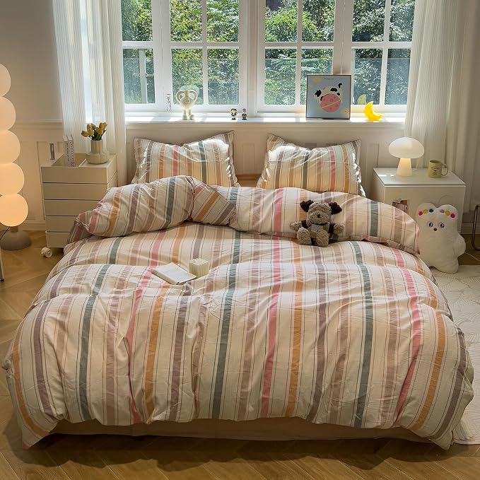 mixinni Vintage Striped Duvet Cover Set Twin Size, 3-Piece 100% Washed Cotton - Image 2