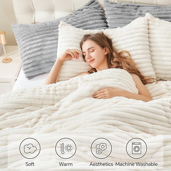 BEDELITE Fleece California King Comforter Set -Super Soft & Warm Fluffy Cream - Image 5