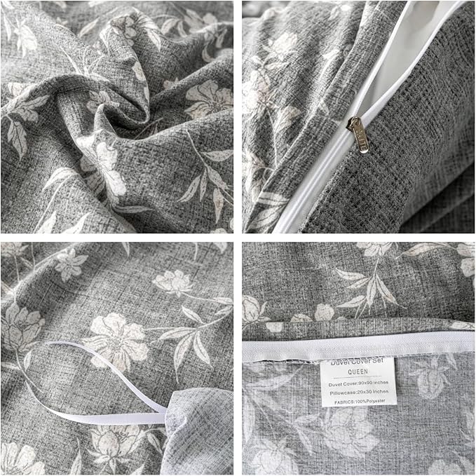 OAITE Grey Flower Queen Size Duvet Cover-3 Pieces Prewashed Cotton-Like - Image 4