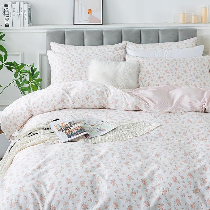 FADFAY Queen Duvet Cover Set Pink Floral Comforter Cover 100% Cotton Girls Pink - Image 9