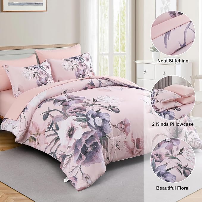Luxudecor Floral Comforter Set King Size 7 Piece, Blush Pink Flower Bed in a Bag - Image 6