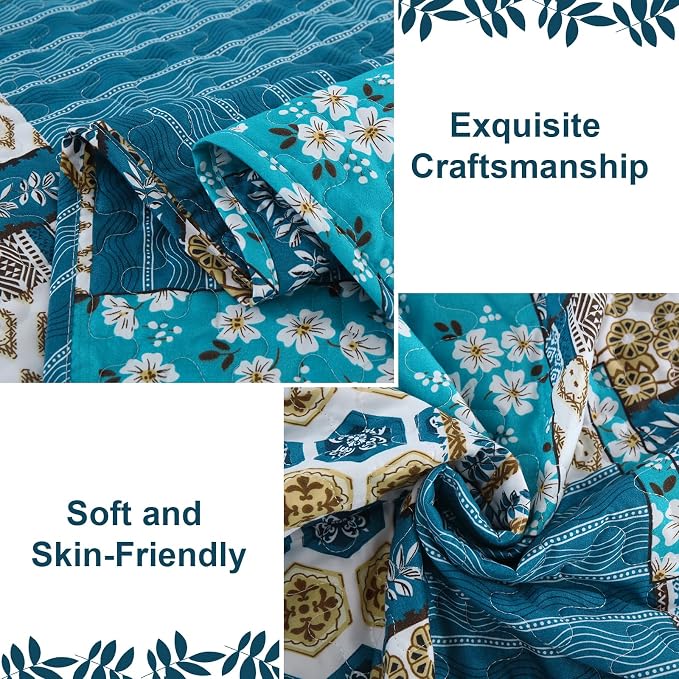 Mybedsoul Dusty Blue Quilt Set Queen Size, 3 Pieces Plaid Floral Bedspread Set - Image 4