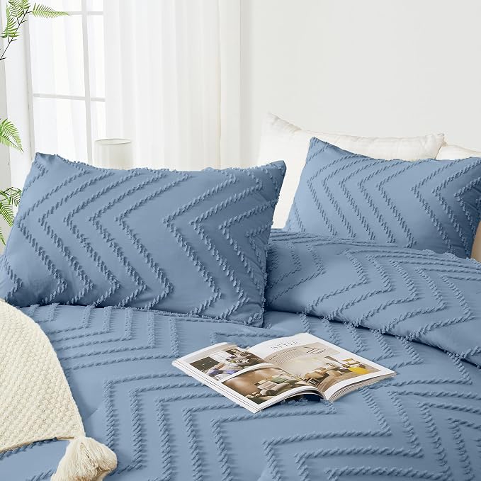 Andency Greyish Blue Comforter Set King Size, Boho Soft Warm Tufted Bedding - Image 4