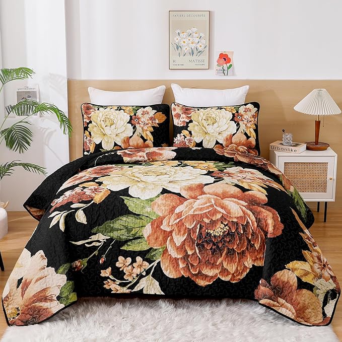 WONGS BEDDING Black Boho Floral Quilt Set Queen, Elegant Gold Flower Bedspread by WONGSBEDDING