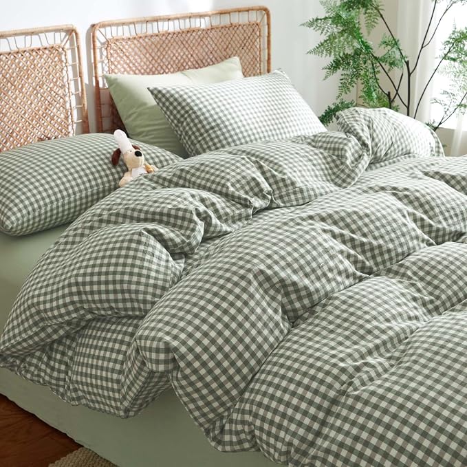 Nayoroom Gingham Duvet Cover Full Size 100% Washed Cotton Green Plaid Checkered by Nayoroom