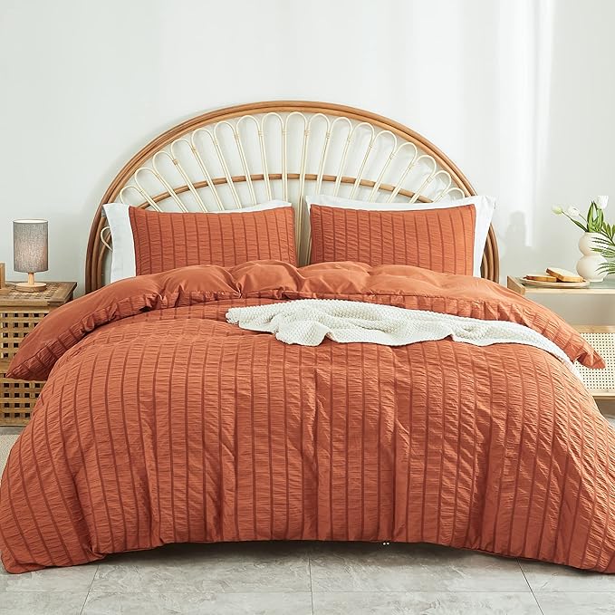 AveLom Terracotta Seersucker Duvet Cover Set Queen Size, 3 Pieces, Ultra Soft by AveLom
